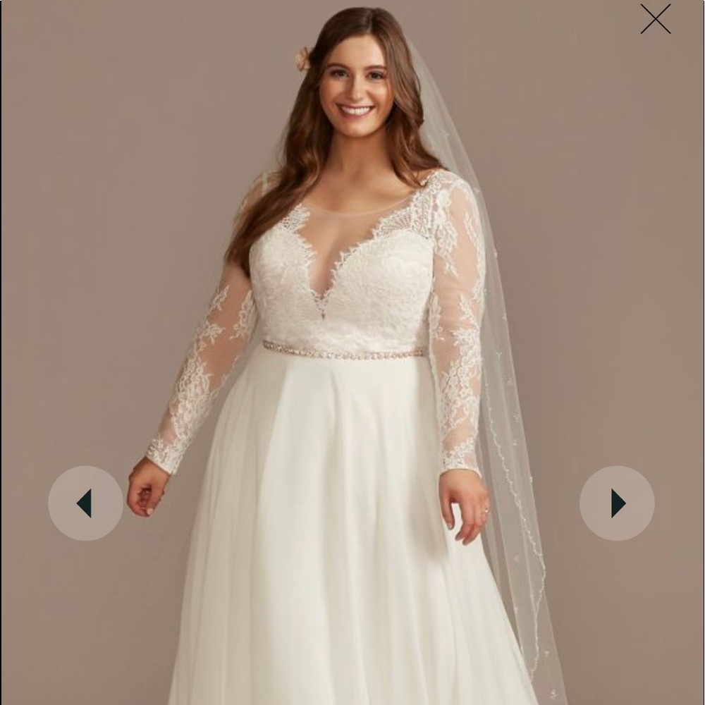 DB Studio long sleeve plunge lace chiffon wedding dress
